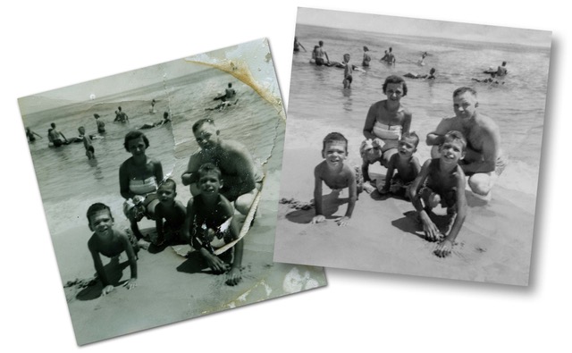 family on beach restored photo, Mark Gilvey