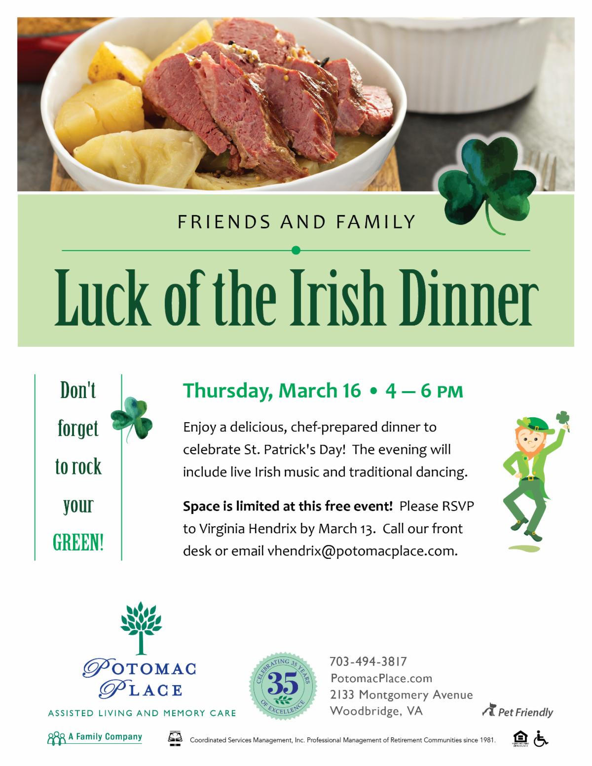 Luck of the Irish Dinner at Potomac Place Prince William Living