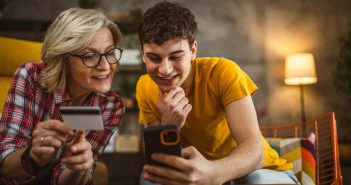finance, credit card, mom and son