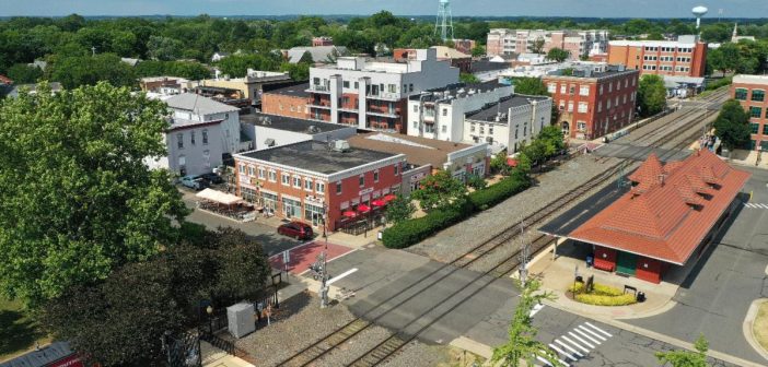 Manassas, aerial view, train tracks, old town, Historic Downtown Manassas