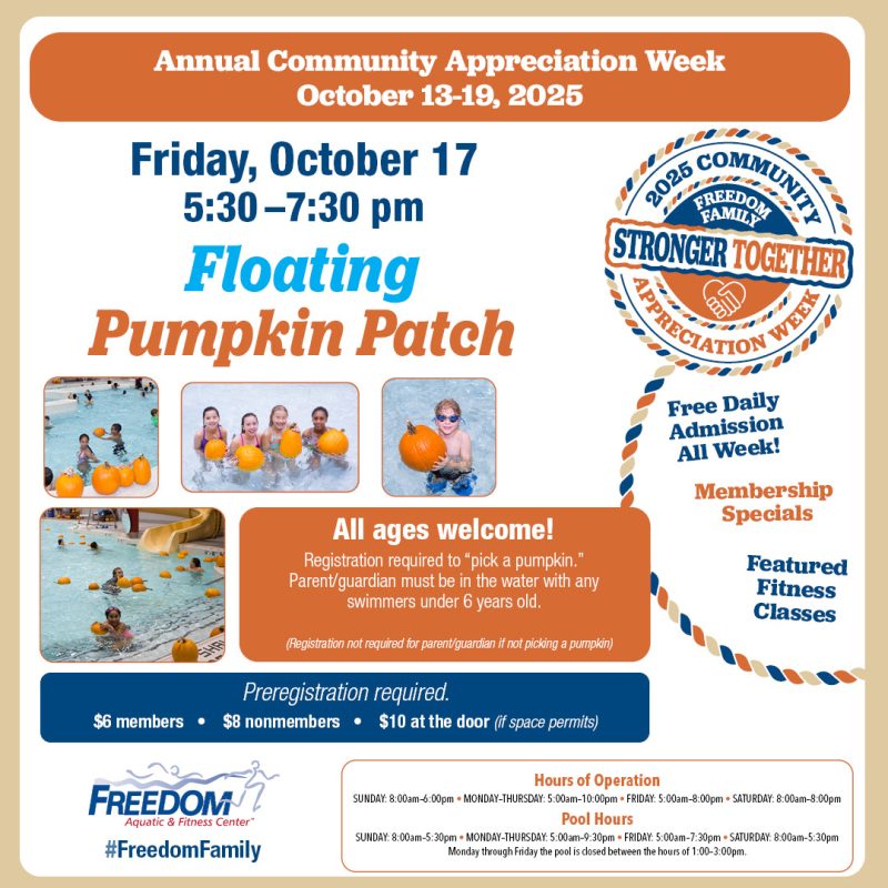 Floating Pumpkin Patch, Freedom Center, pool, Oct 2025