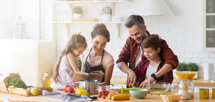 family preparing dinner together, AI